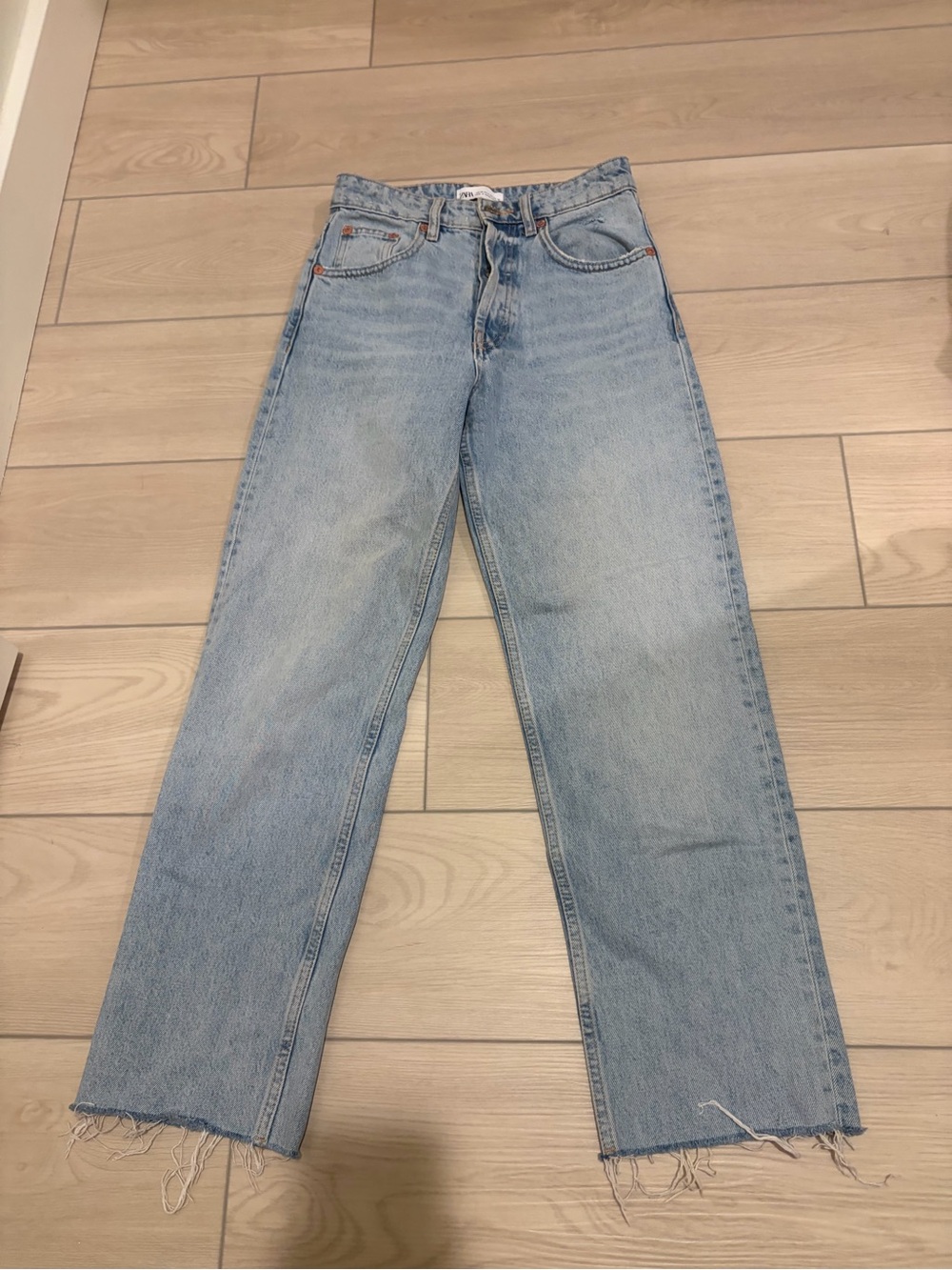 Zara Light Blue High-Rise Straight Jeans with Raw Hem